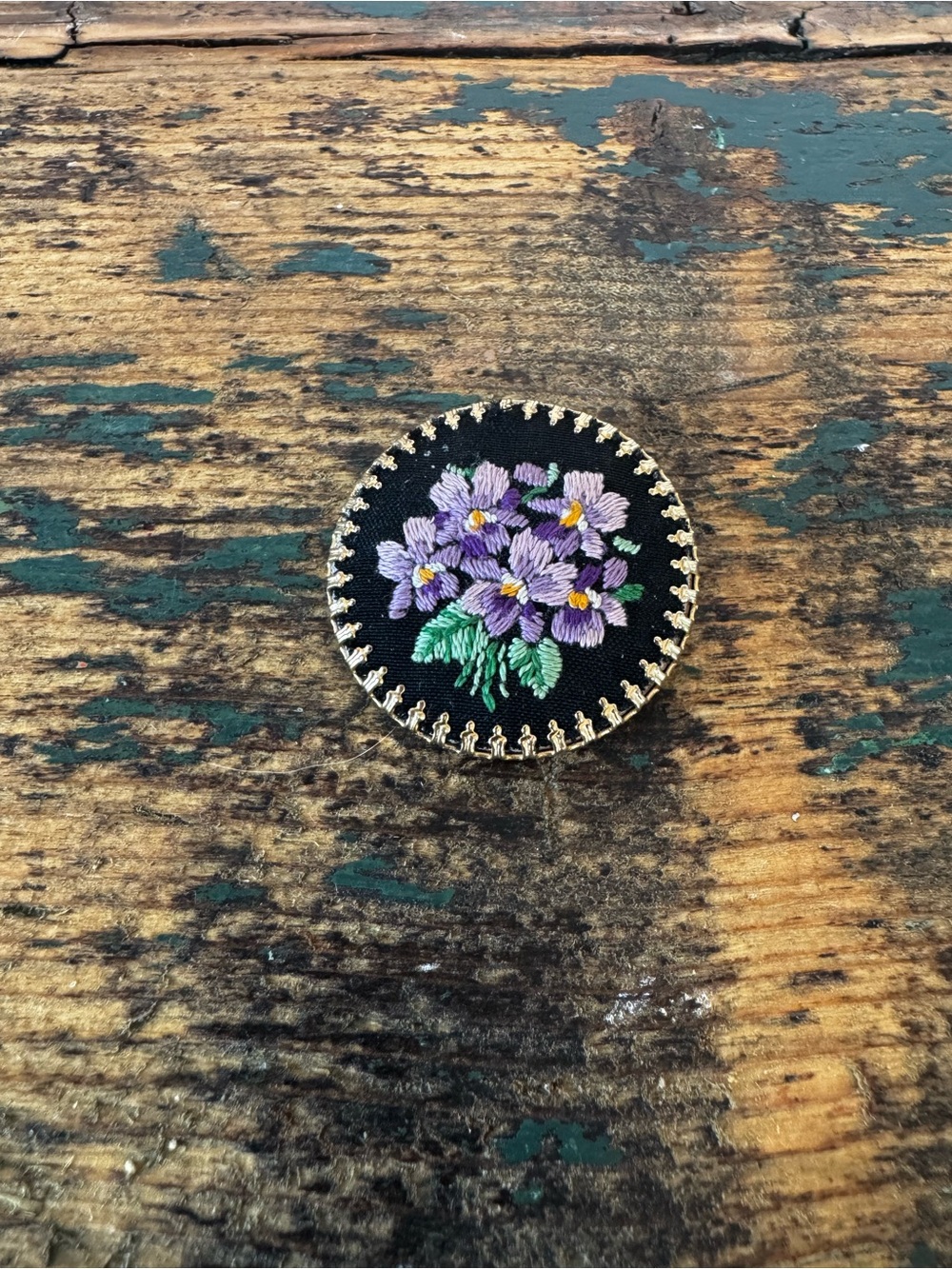 Petit Point Violet Pansy Floral Brooch - Black Background